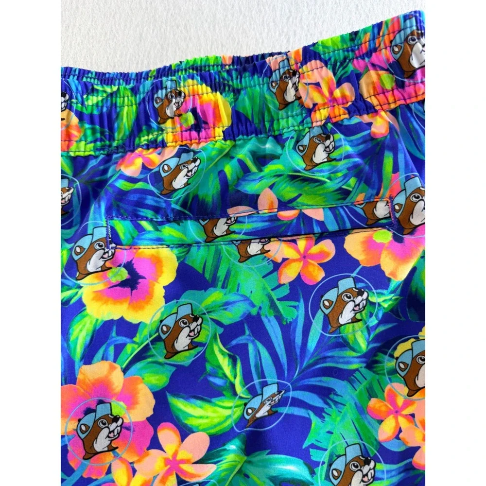 Buc-ees Mens XL Tropical Space Beaver Swim Trunks Blue Floral Shorts L Large